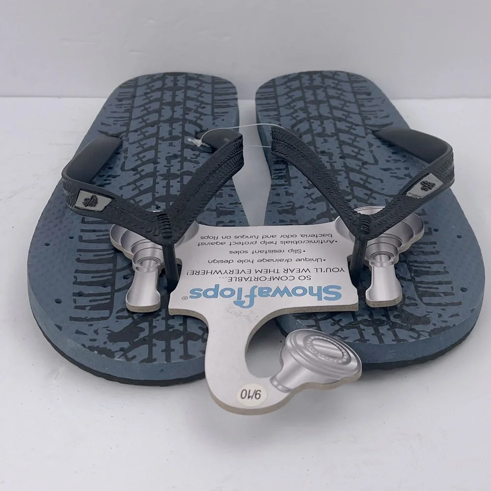 SHOWAFLOPS NON-SKID SHOWER FLIP FLOP W/ATHLETIC STRIPES, DRAIN HOLES, SIZE 9/10